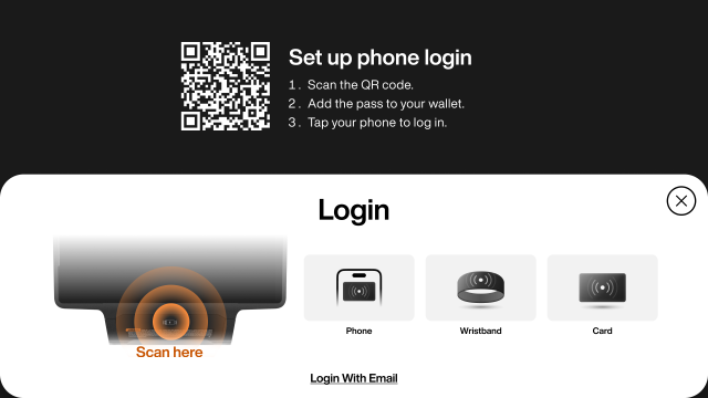 Login screen displaying options for wristband or card, with a highlighted area to scan on the machine