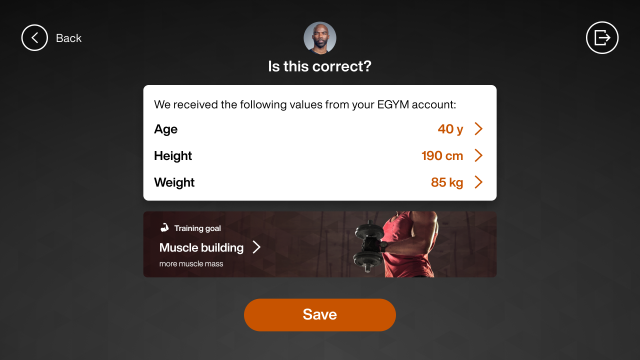 Profile confirmation screen showing age, height, weight, and training goal with a “Save” button.
