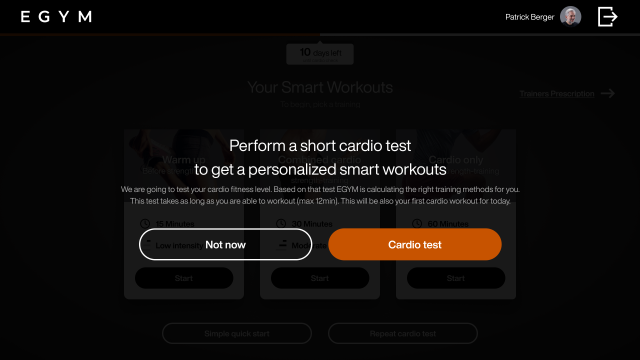 Cardio Test explanation with a “Cardio test” button, used to start the assessment