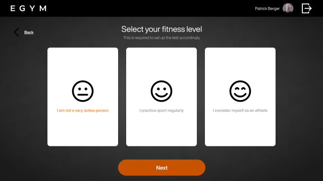 Screen with three fitness level options used to set the starting intensity of the Cardio Test.