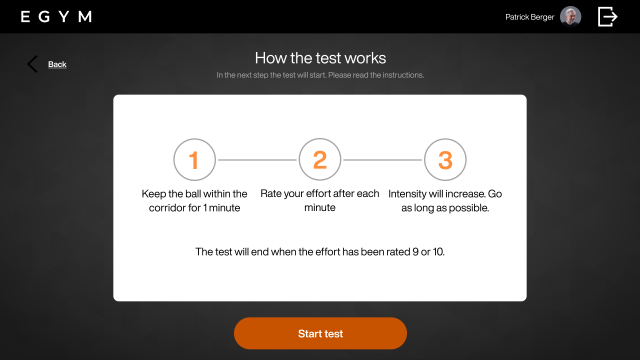 Instruction screen explaining the Cardio Test steps: keep the ball in range, rate effort, and increase intensity.
