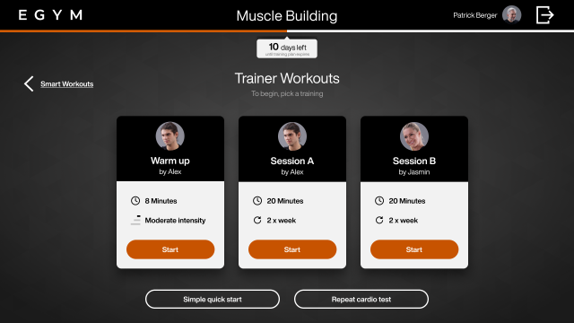Trainer Workouts screen displaying trainer-prescribed sessions
