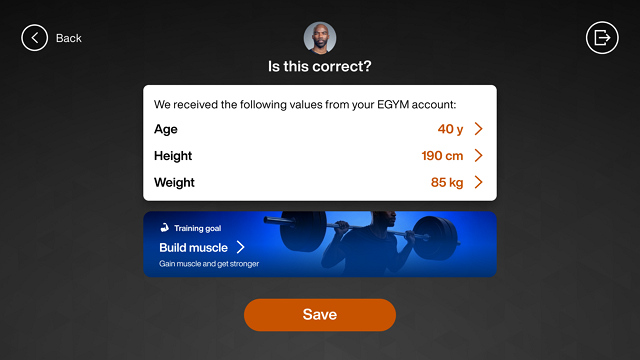 Profile confirmation screen showing age, height, weight, and training goal with a “Save” button.