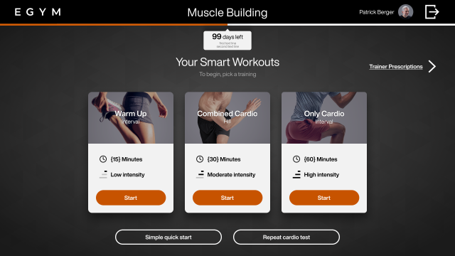 Workout selection screen showing Smart Workout options and a button to repeat the Cardio Test.